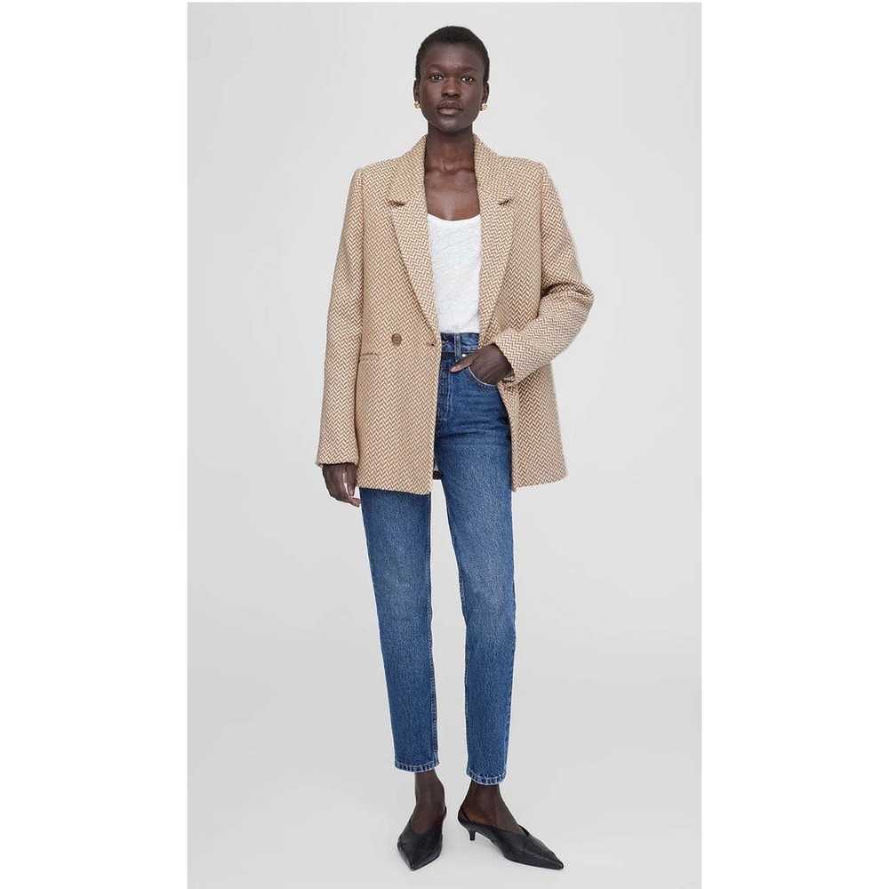 Anine Bing Fishbone Blazer Tan Cream Herringbone Double Breasted Wool Blend XS